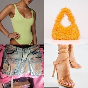 Denim Washed Two Tone Cargo Micro Mini Skirt Green Orange Sz M